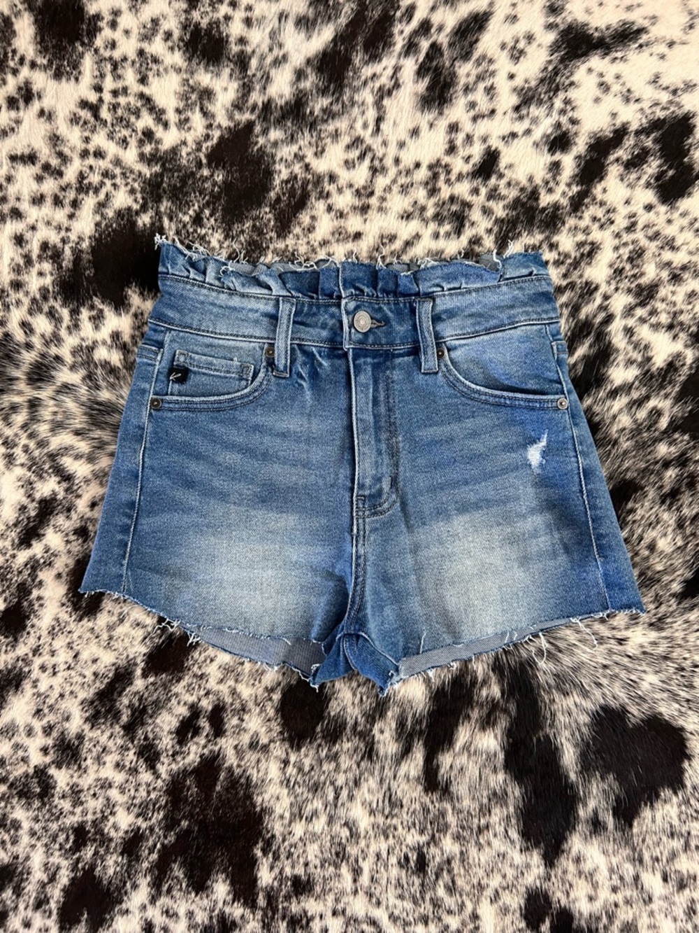 KanCan Faded Blue High-Rise Denim Shorts with Frayed Waist